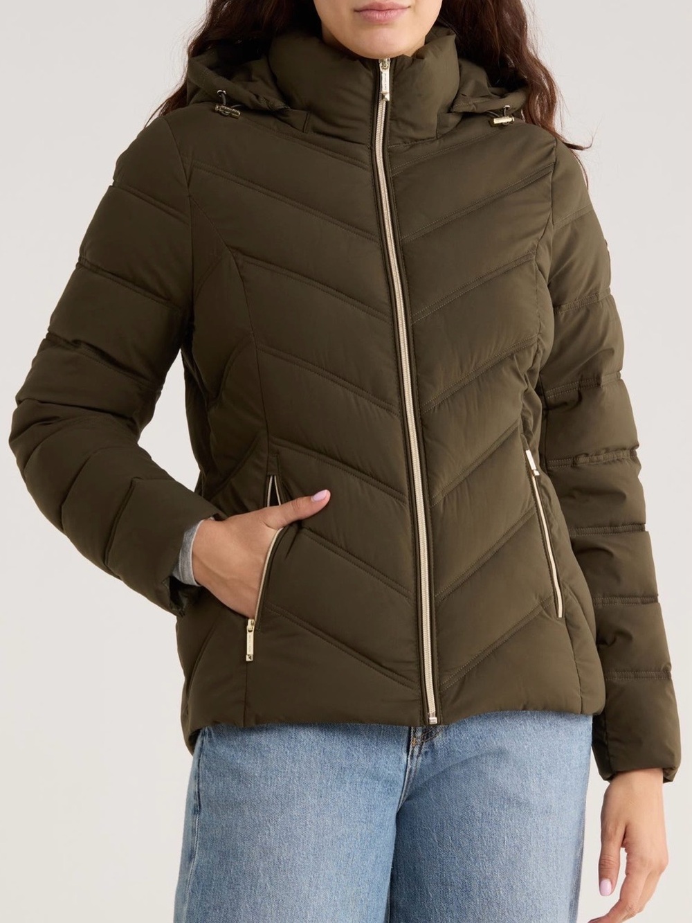 Michael Kors Olive Chevron Quilted Puffer Jacket with Hood
